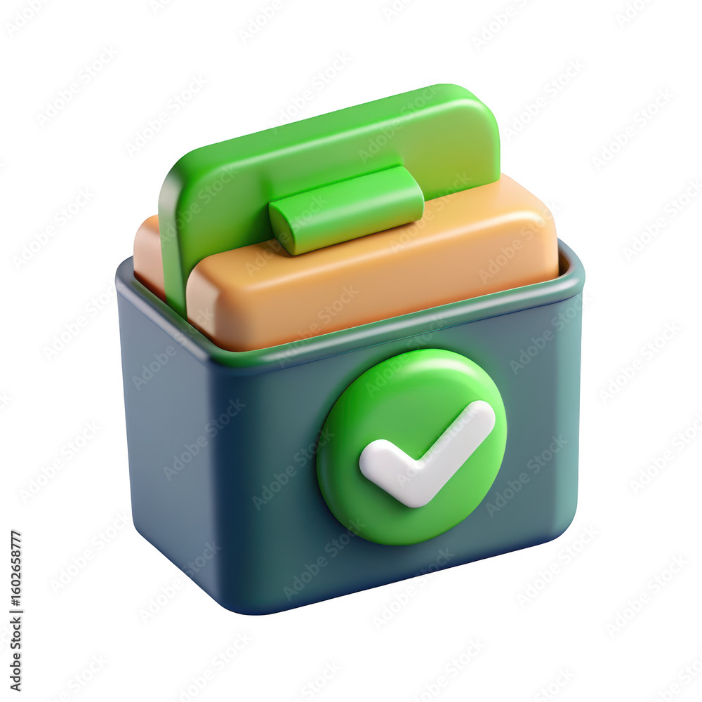 Poster 3d toolbox with green checkmark icon symbolizing success and completion against background for desig