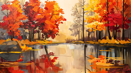 Vibrant autumn forest scene with rich orange and red foliage reflecting in a serene lake, capturing the essence of fall's beauty and tranquility.