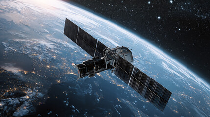 Sleek High-Tech Artificial Satellite Orbiting Earth Amid Twinkling Stars 