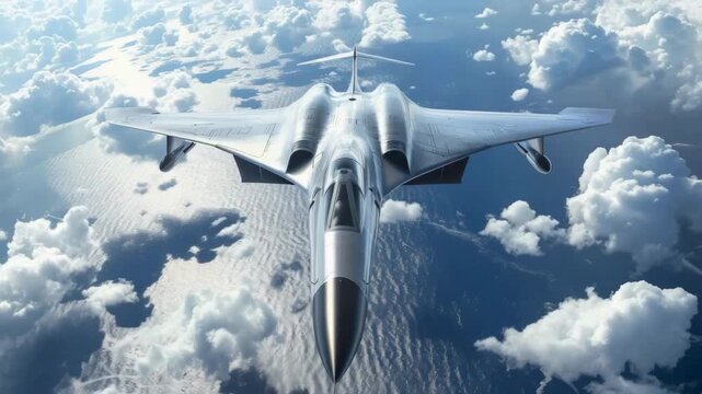 Fighter jet soaring through the clouds in a clear blue sky above the ocean during daytime
