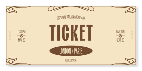 Universal ticket template in art deco style on a light background. For excursion routes, retro parties, clubs and other projects. Just add your text. Vector, can be used for printing