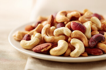 Fototapeta premium Mixed nuts on white ceramic plate close-up