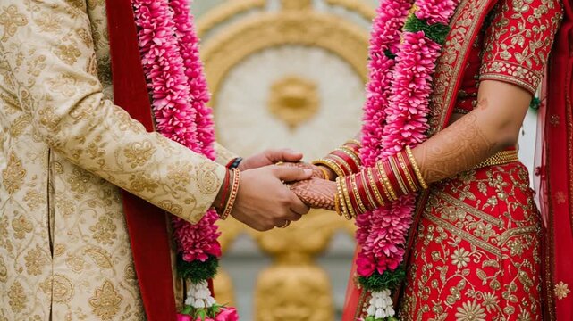 Holding Hands During Traditional Ceremony with Garlands Slow Motion Video