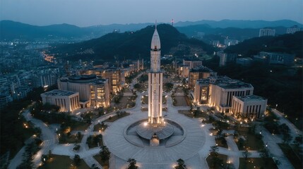 Elevated night view of a modern university campus, centered around a tall, slender, illuminated tower, surrounded by low-rise buildings, nestled in rolling hills under a twilight sky