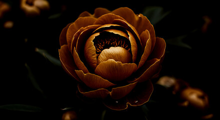 Close up of a dark orange peony flower with delicate petals and dark background bloom