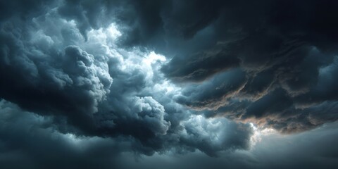 Obraz premium Storm clouds darkening horizon, sunlight piercing dramatic overcast sky, generating moody atmospheric tension and impending weather drama