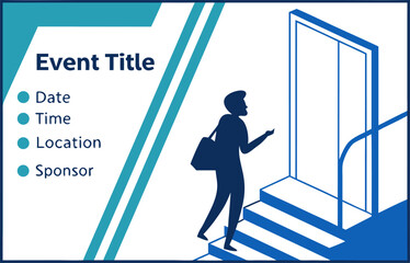 Event advertisement featuring a man walking up stairs towards a door with event details on the side panel