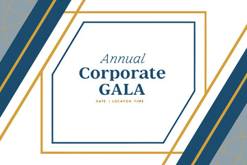 Corporate gala invitation with blue and gold geometric accents and event details in a central frame design