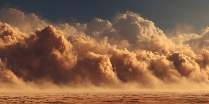 Immense sandstorm rolling over desert under dramatic sky, creating a breathtaking and powerful natural phenomenon