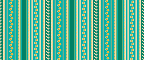 Floral and ornamental vertical striped geometric seamless pattern tiny yellow flowers, leaves, and teal color stripes, perfect for backgrounds, textiles, or crafts
