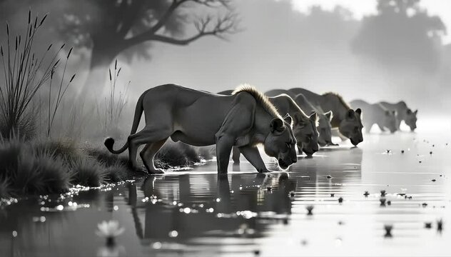 Lion drinking water from a watering hole