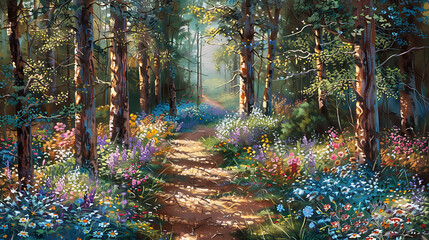 Enchanting forest path bursts with vibrant wildflowers under dappled sunlight, inviting serene exploration and natural beauty