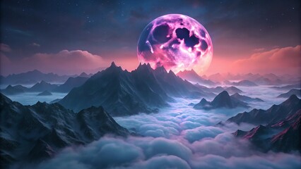 Pink Moon Rising Over Foggy Mountain Peaks
