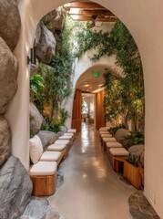 A light-filled, arched pathway lined with  plants and  benches