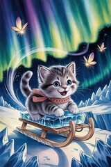 Cute kitten sledding on an icy surface under colorful auroras with butterflies flying during a magical winter night