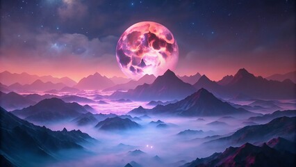 Pink Moon Rising Over Foggy Mountain Peaks
