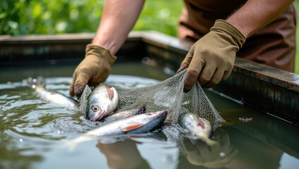 Close-up of a fish farmer gently netting fish from a water tank under bright sunlight, surrounded by lush greenery. Concept of sustainable aquaculture.
