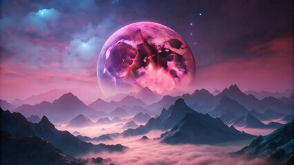 Pink Moon Rising Over Foggy Mountain Peaks
