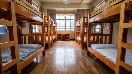 Fototapeta premium A traditional school dormitory with wooden furniture, simple decorations, and bunk beds in shared rooms.