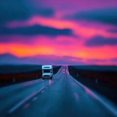 Obraz premium A campervan on a wet road at sunset.