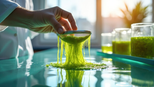 Scientist filtering vibrant green algae samples in a bright laboratory, promoting environmental research and sustainability.  Algae farms and fish farms.