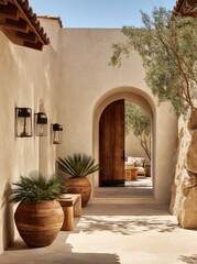 A sun-drenched courtyard walkway with a wooden archway leading to a patio.?Cream-colored walls, wooden planters, and a dark wooden door frame the path