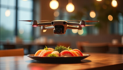 Drone delivering sushi platter in a modern dining room with soft indoor lighting, showcasing innovative food delivery concept.
