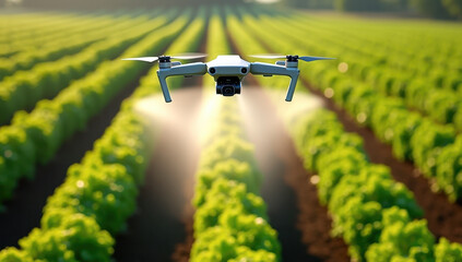A drone spraying crops in bright sunny conditions above lush green vegetable rows, showcasing agricultural technology and modern farming concept.