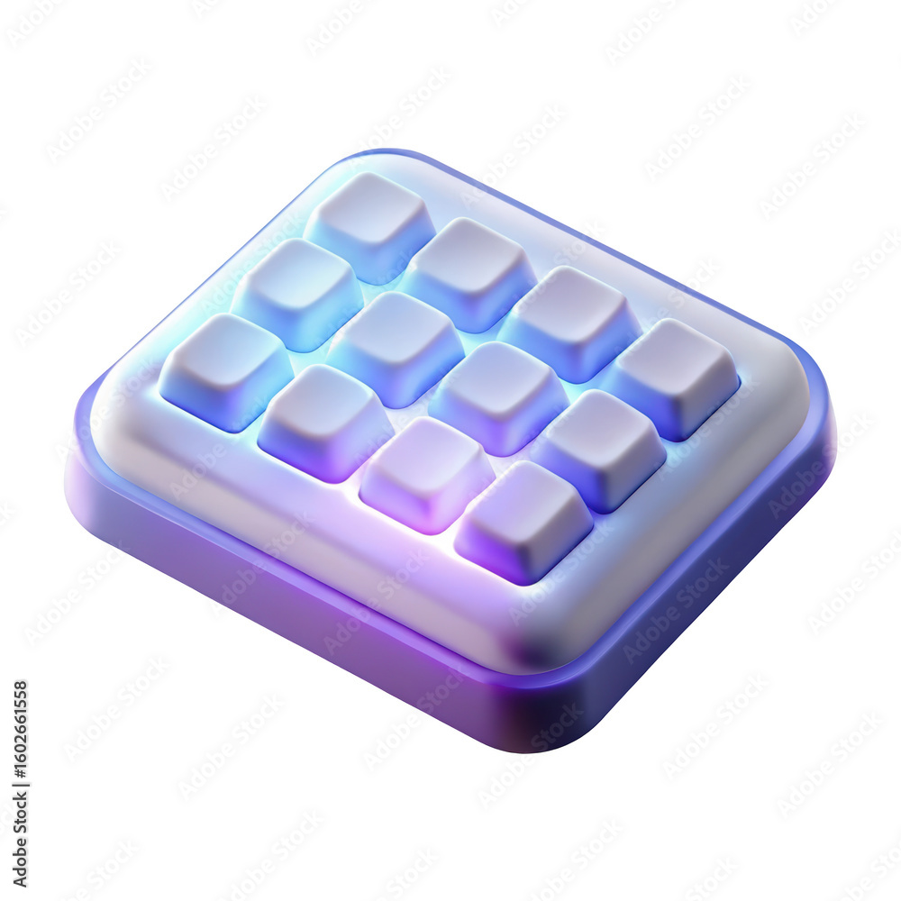 Poster isolated 3d render of an interactive multi button control pad with neon illumination on a background