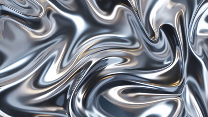 An abstract background of flowing liquid chrome, with smooth swirls and glossy metallic reflections.