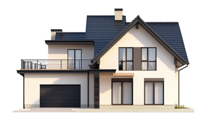 Front view of a modern house with a dark roof