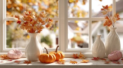 Autumnal windowsill display with decorative pumpkins and leaves.