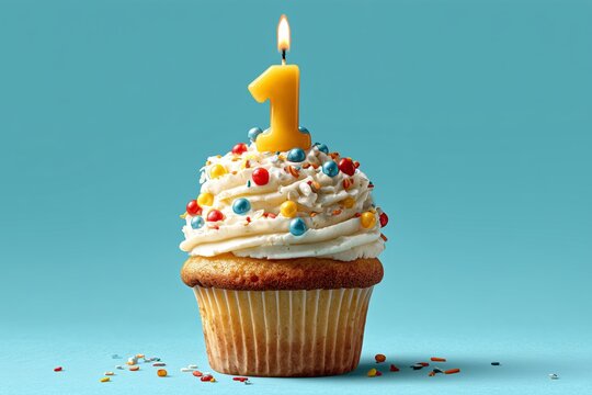 Festive birthday cupcake with number one candle and colorful sprinkles on blue background. Concept of first birthday party, celebration, and kids invitation design.