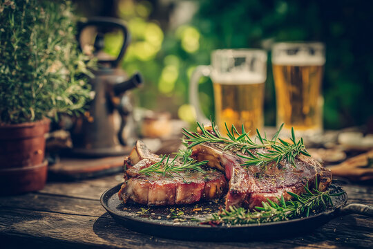 Raw pork chops with rosemary and beer on rustic table - Powered by Adobe