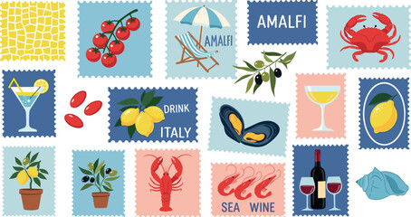 Set of italian summer mediterranean postage stamps. Vacation in Italy
