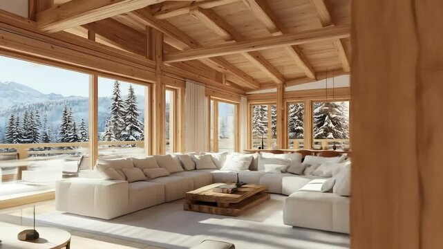Luxurious mountain lodge interior with a comfortable living space and breathtaking snowy landscape.