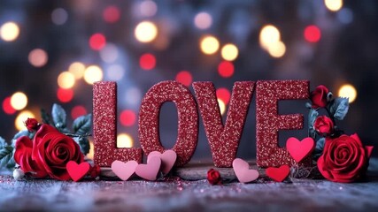 Love red rose heart decoration glitter pink wooden surface colorful bokeh lights romantic warm festive atmosphere celebration with glittery red love letters and heart shapes - Powered by Adobe