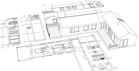house architectural project sketch 3d illustration	

