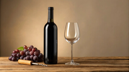 Fototapeta premium A dark bottle of red wine stands beside a clear wine glass on a wooden table. Fresh grapes are arranged nearby, and a corkscrew lies ready for use, creating an inviting setting