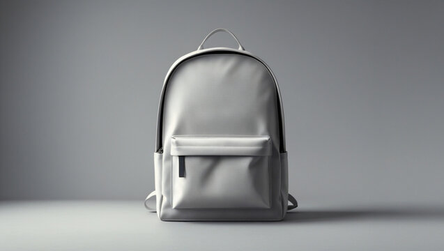 Gray backpack, front view, studio shot, simple design.