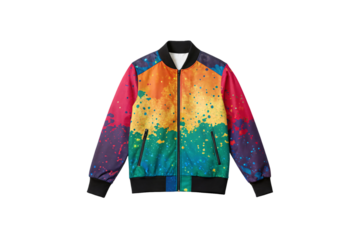Rainbow gradient bomber jacket with vibrant paint splatters creating artistic watercolor effect, isolated on a transparent background