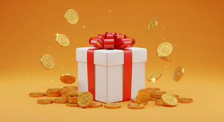 3D Render of White Gift Box with Red Ribbon Surrounded by Gold Coins on Orange Background.