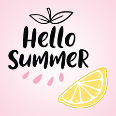 Hello Summer Lemon Illustration – Cute Citrus Slice with Handwritten Text on Pink Background