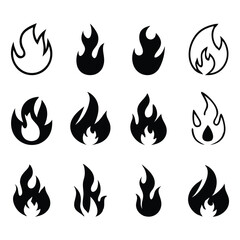 Fire Flame Icon Set – Black Vector Silhouettes and Outlines of Flames for Heat, Warning, and Fuel Symbols