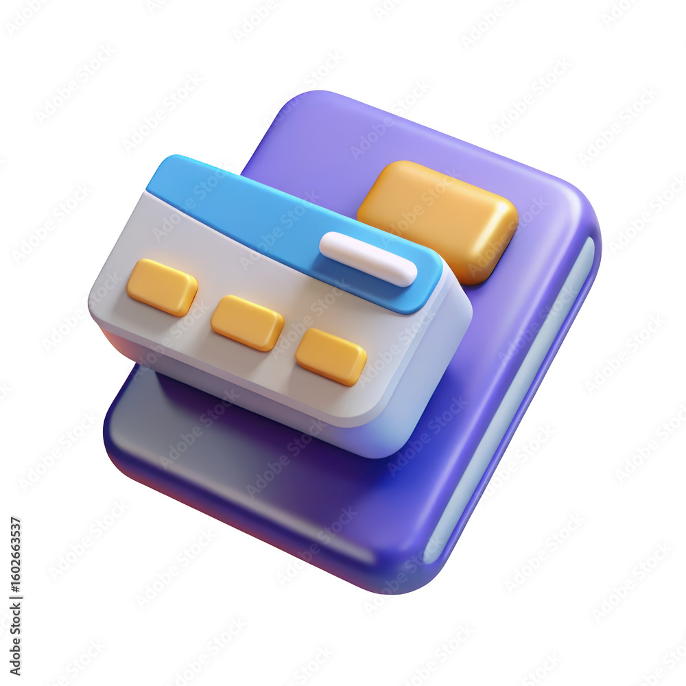 Poster stylized 3d rendering of a mobile calendar app icon on purple base with ui elements