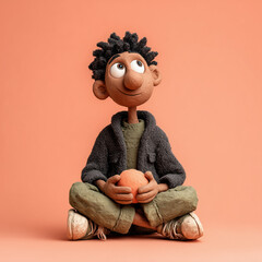 A cartoon boy is sitting on the floor holding a ball. He is looking up at the camera with a smile on his face