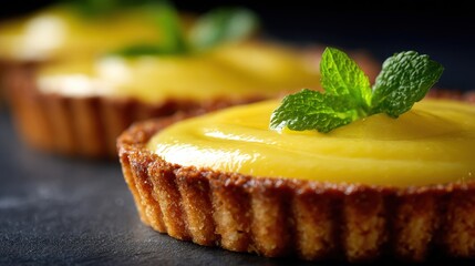 Golden lemon tart with glossy citrus filling on dark slate, mint garnish for bakery menu and food blog header, diagonal composition with bokeh effect