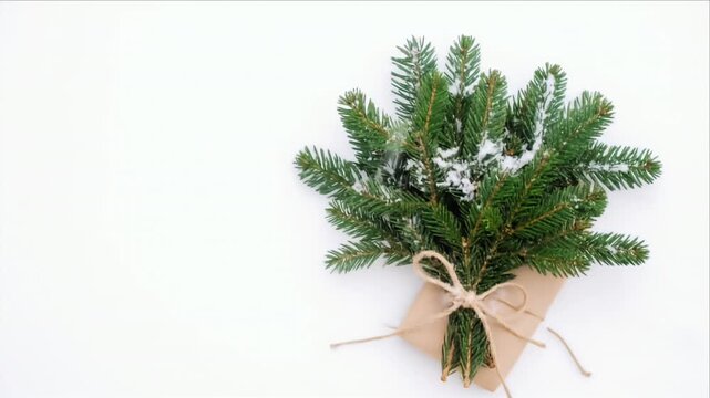 A gift of evergreen foliage with snowy accents, tied with twine