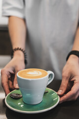 Barista serving cappuccino with latte art in a green saucer on a table. Close-up of hands, spoon, and ceramic cup. Coffee moment in a cozy cafe setting.