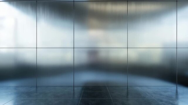 Modern interior empty room with reflective glass wall and dark tile floor showcasing sleek architecture and minimalistic design featuring soft natural light and calm spacious atmosphere